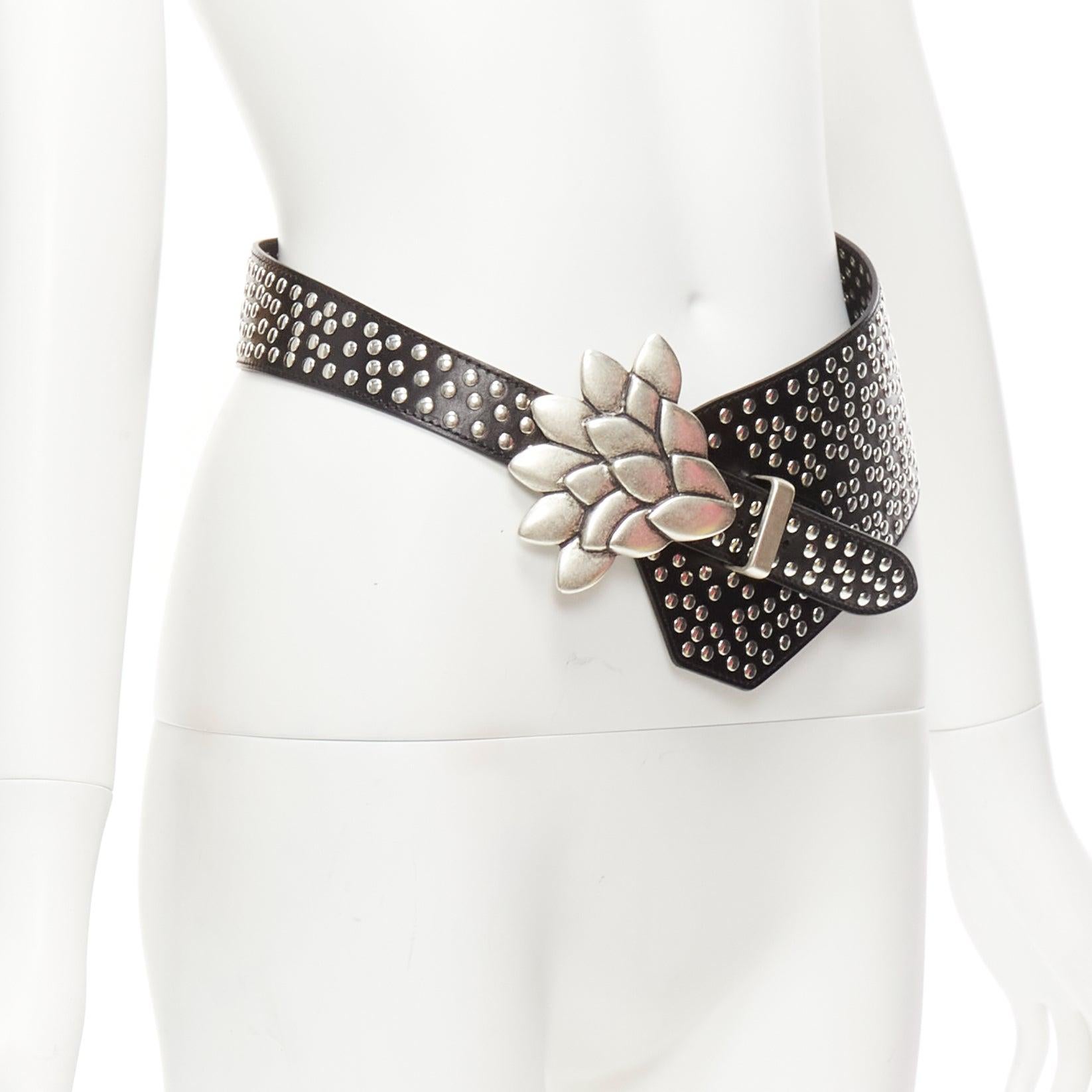 Women's ISABEL MARANT Lowai silver petals buckle studded black leather wide belt S For Sale