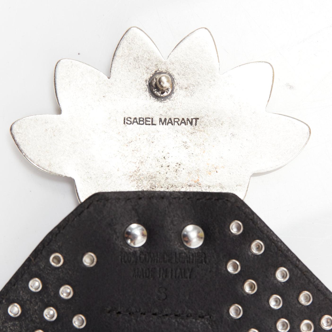 ISABEL MARANT Lowai silver petals buckle studded black leather wide belt S For Sale 5