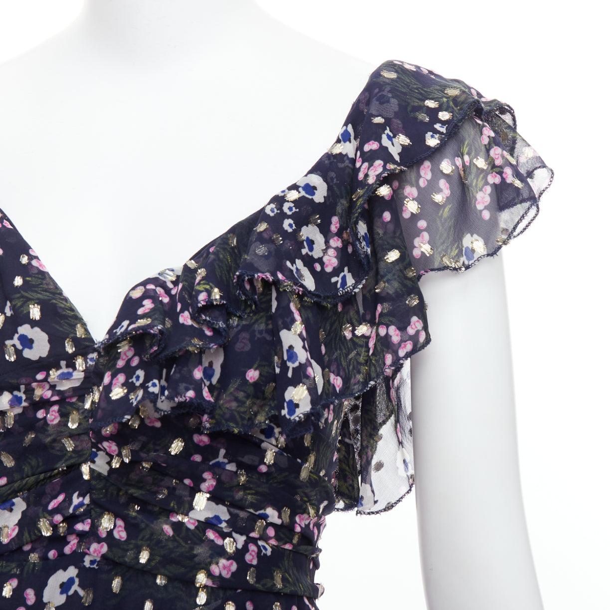 ISABEL MARANT Manda navy silk metallic floral print asymmetric ruffle dress FR34 XS
Reference: SNKO/A00445
Brand: Isabel Marant
Model: Manda
Collection: SS2018
Material: Silk, Blend
Color: Navy, Multicolour
Pattern: Floral
Closure: Zip
Lining: Black