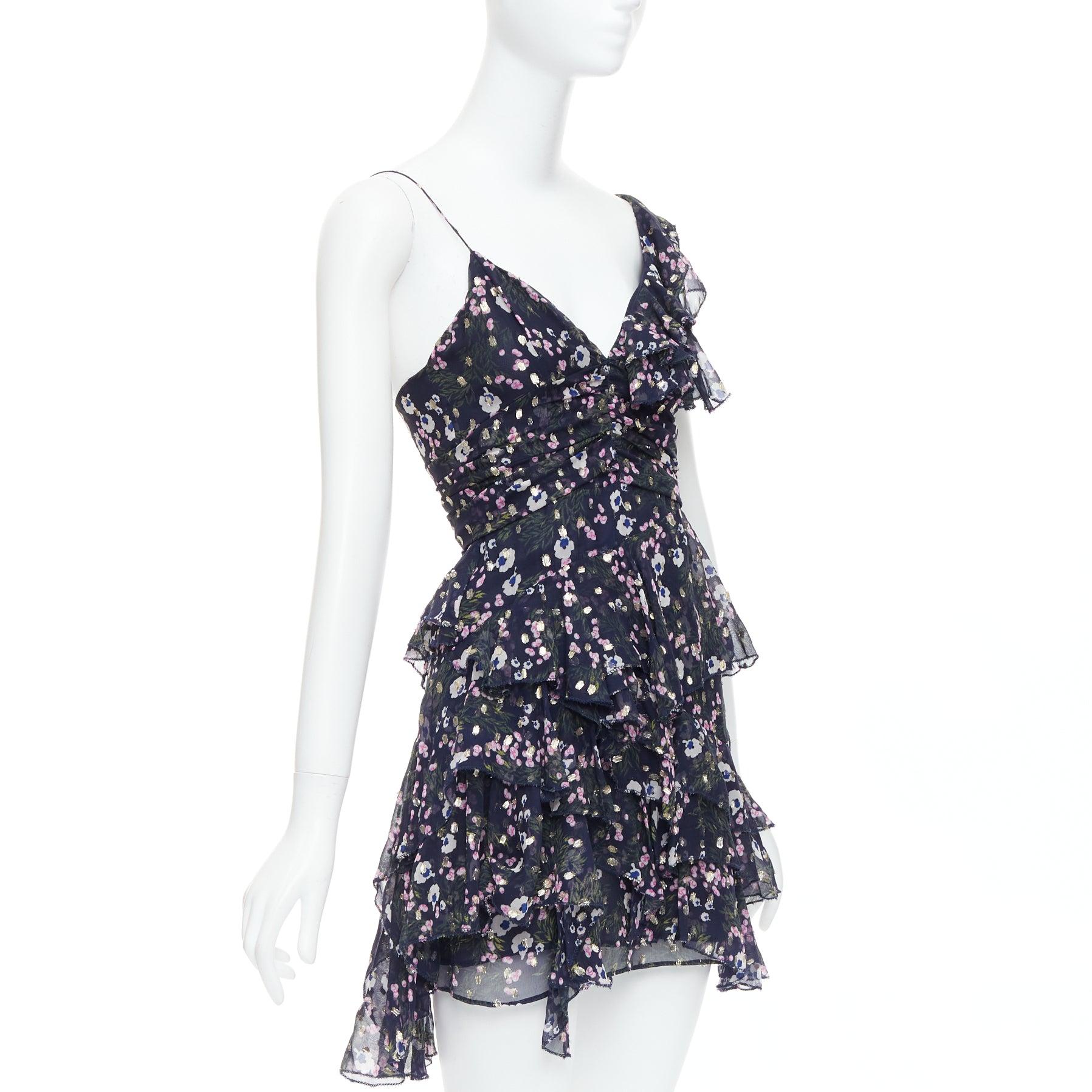 Black ISABEL MARANT Manda navy silk metallic floral print asymmetric ruffle dress FR34