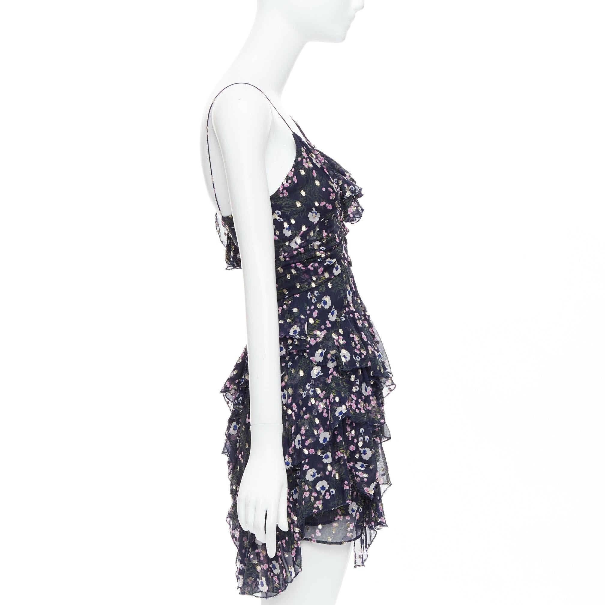 Women's ISABEL MARANT Manda navy silk metallic floral print asymmetric ruffle dress FR34