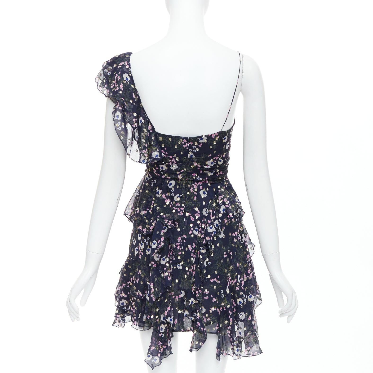 ISABEL MARANT Manda navy silk metallic floral print asymmetric ruffle dress FR34 1