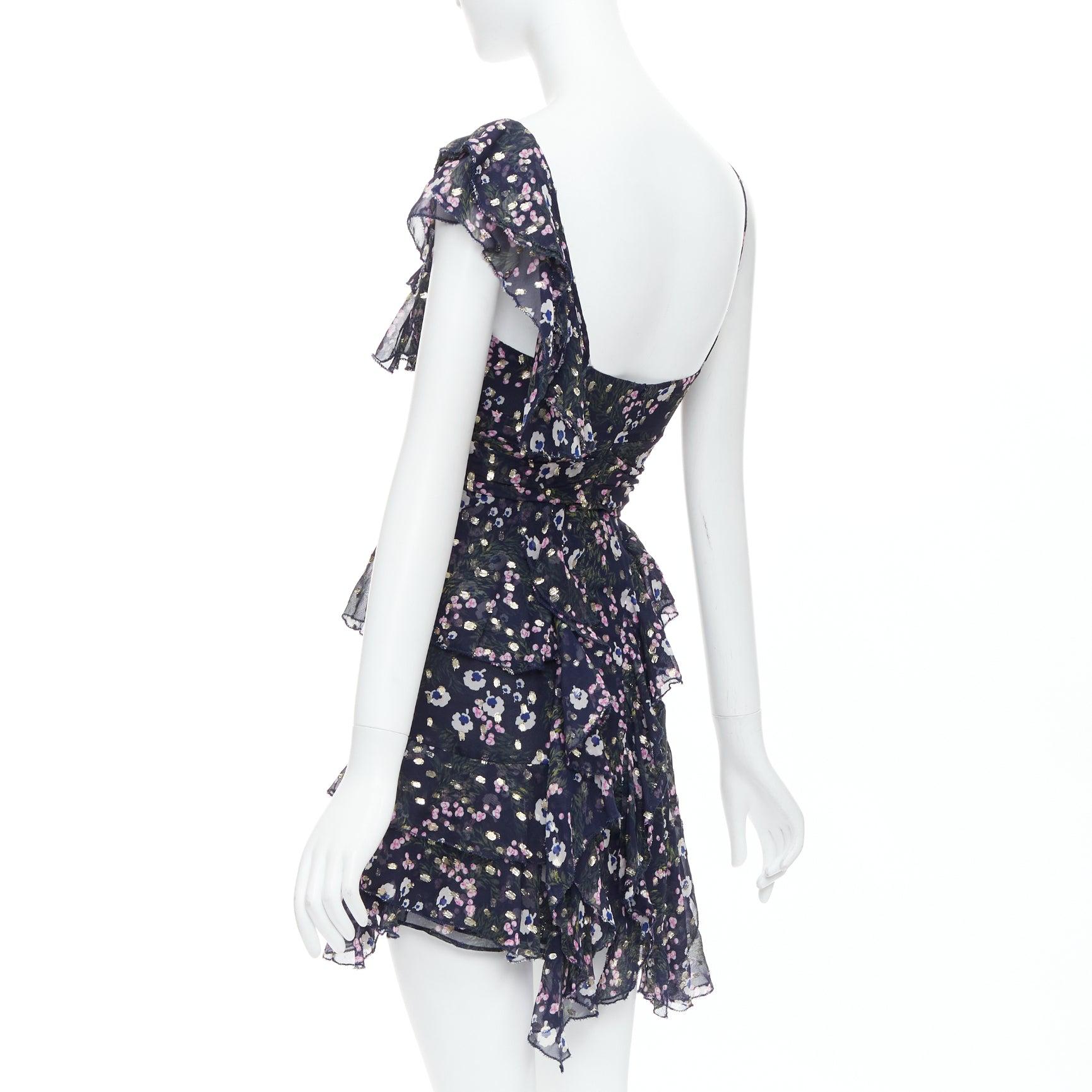 ISABEL MARANT Manda navy silk metallic floral print asymmetric ruffle dress FR34 2