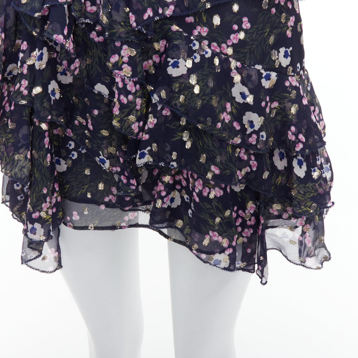 ISABEL MARANT Manda navy silk metallic floral print asymmetric ruffle dress FR34 3