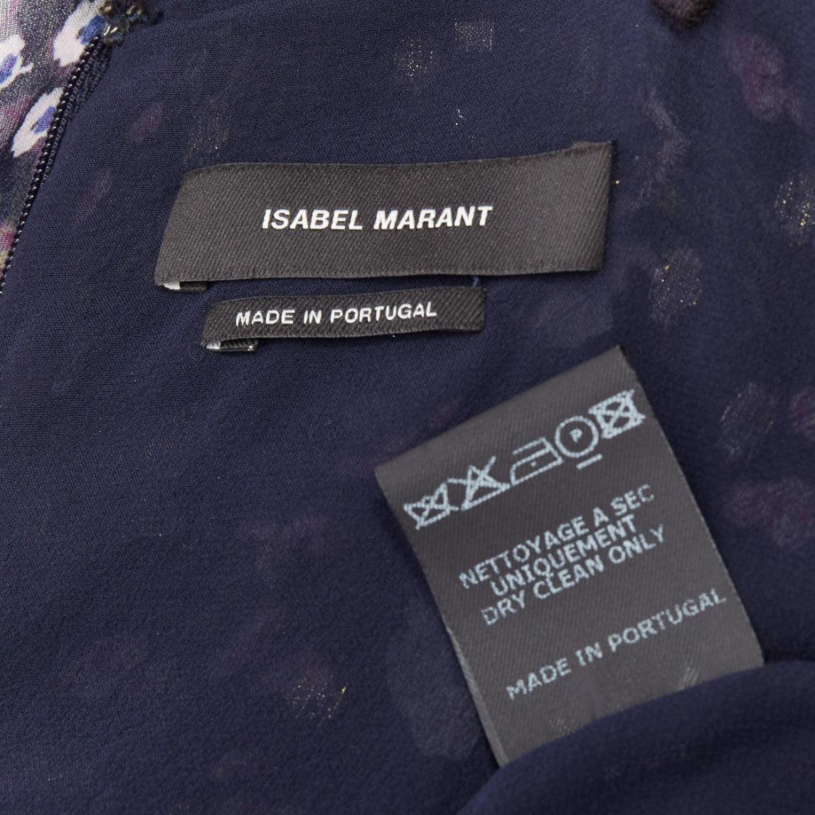 ISABEL MARANT Manda navy silk metallic floral print asymmetric ruffle dress FR34 4