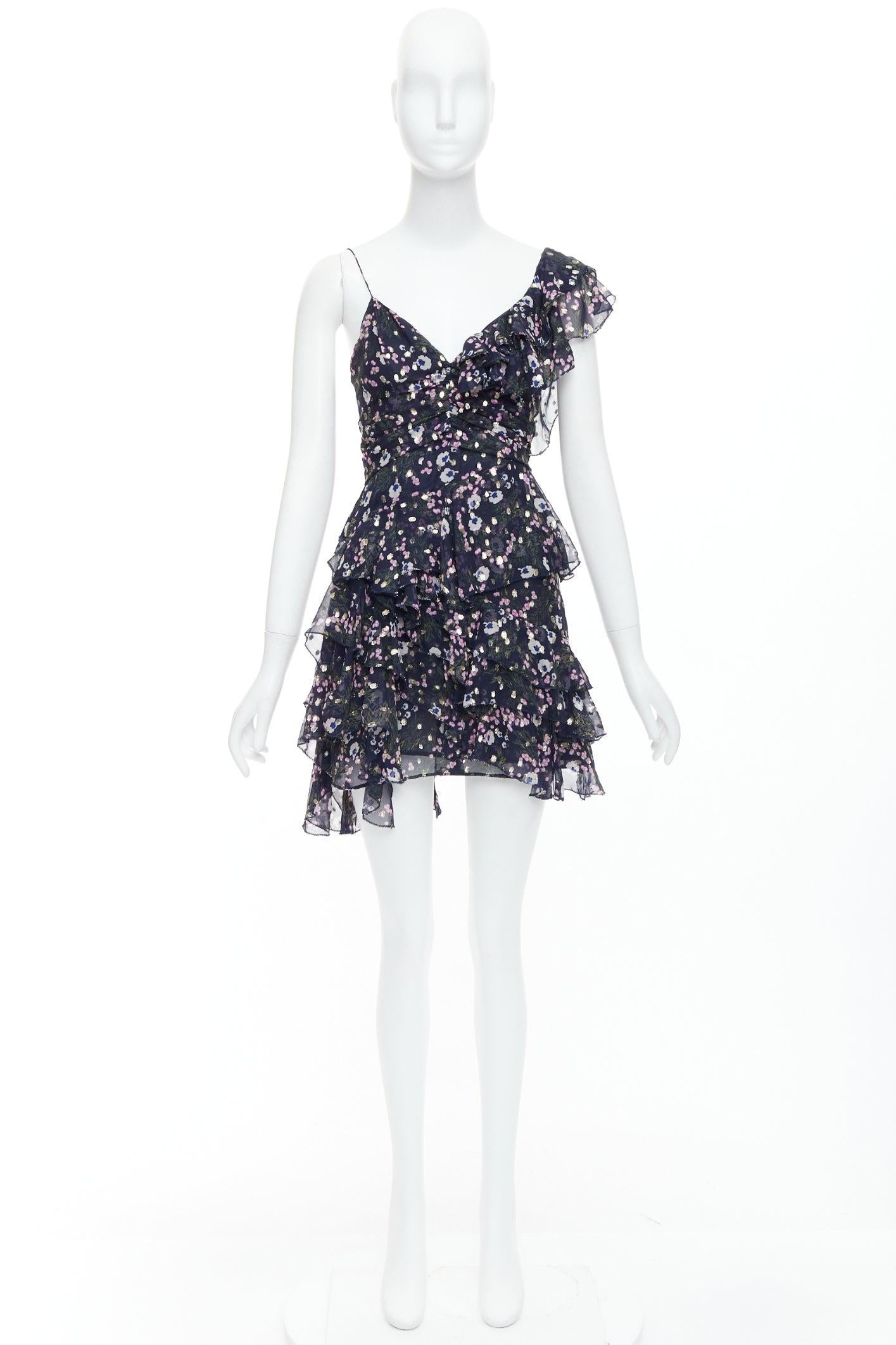 ISABEL MARANT Manda navy silk metallic floral print asymmetric ruffle dress FR34 5