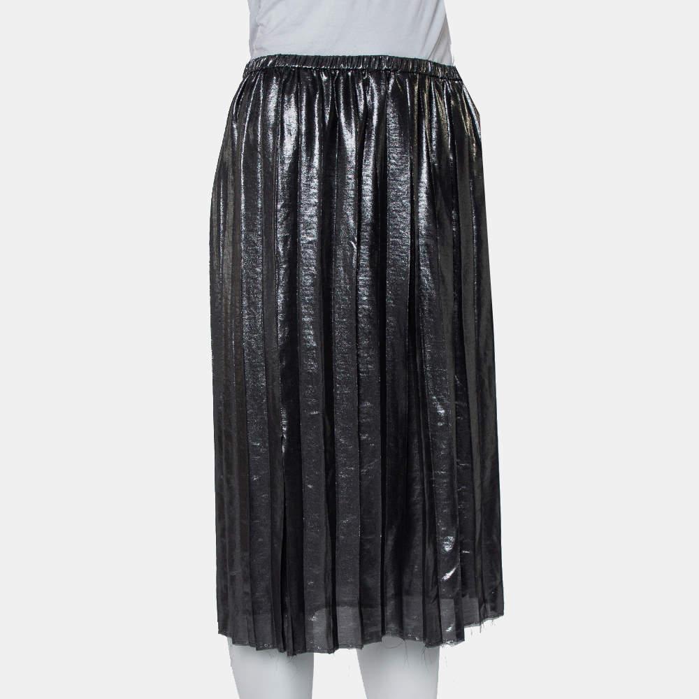 Black Isabel Marant Metallic Grey Lame' Pleated Knee Length Skirt M For Sale