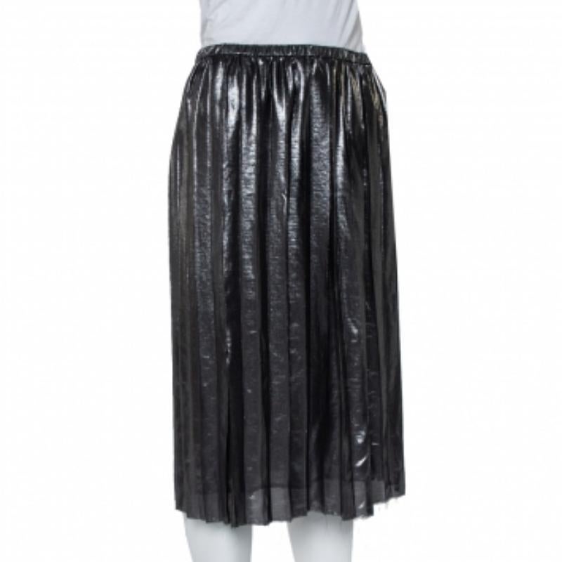 Isabel Marant Metallic Grey Lame' Pleated Knee Length Skirt M In Excellent Condition For Sale In Dubai, Al Qouz 2