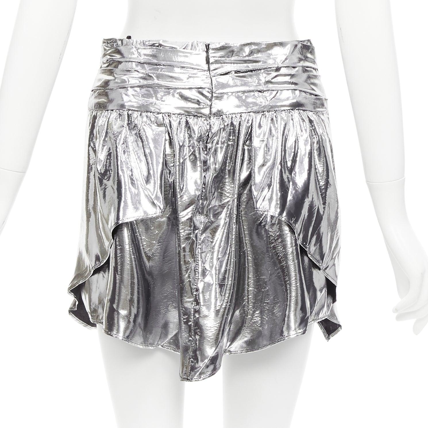 ISABEL MARANT metallic silver silk blend puff sleeve top flare skirt FR34 XS For Sale 7