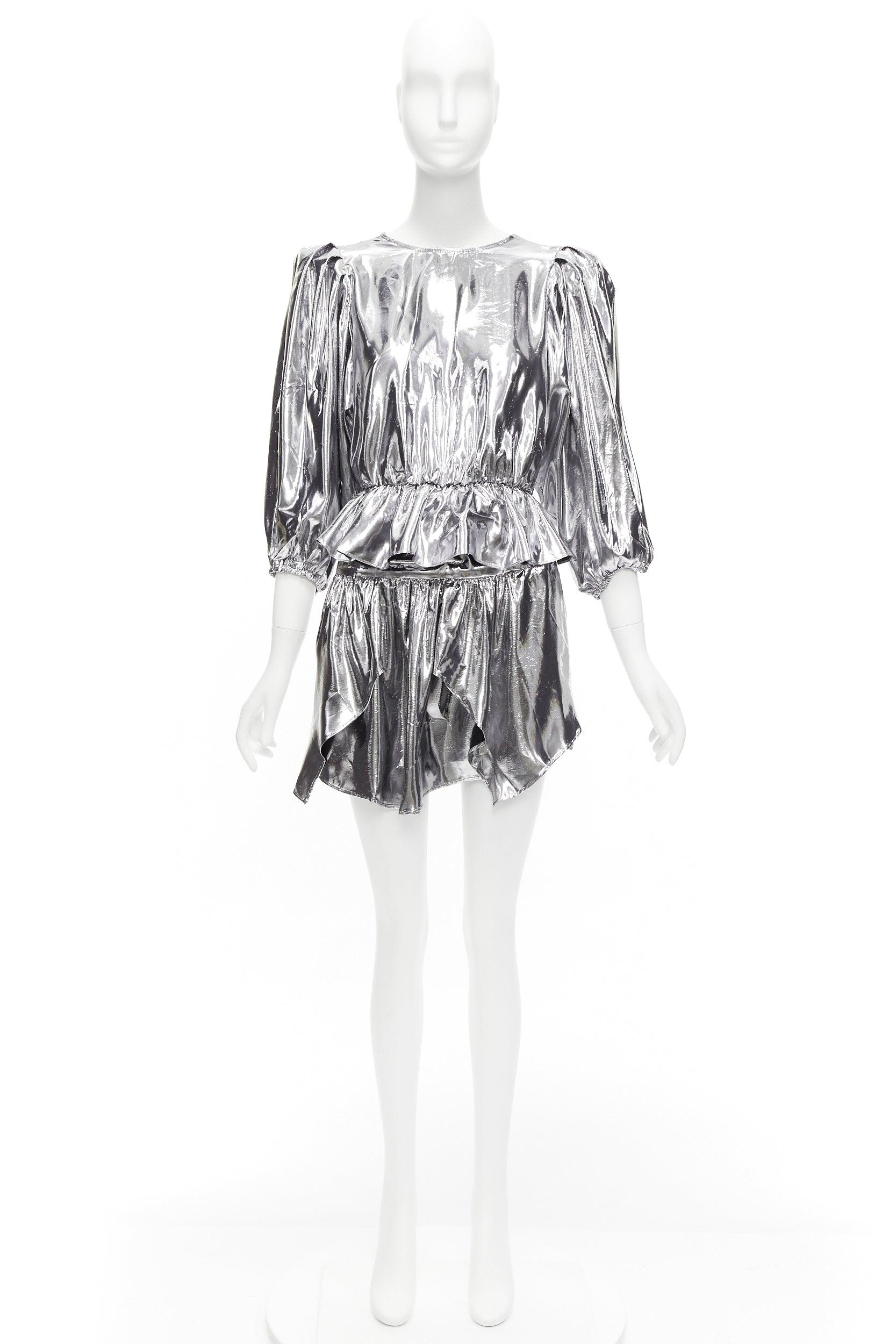 ISABEL MARANT metallic silver silk blend puff sleeve top flare skirt FR34 XS For Sale 9