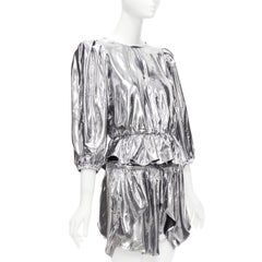 ISABEL MARANT plata metalizada mezcla de seda top de mangas abullonadas falda acampanada FR34 XS