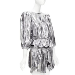 ISABEL MARANT metallic silver silk blend puff sleeve top flare skirt FR34 XS