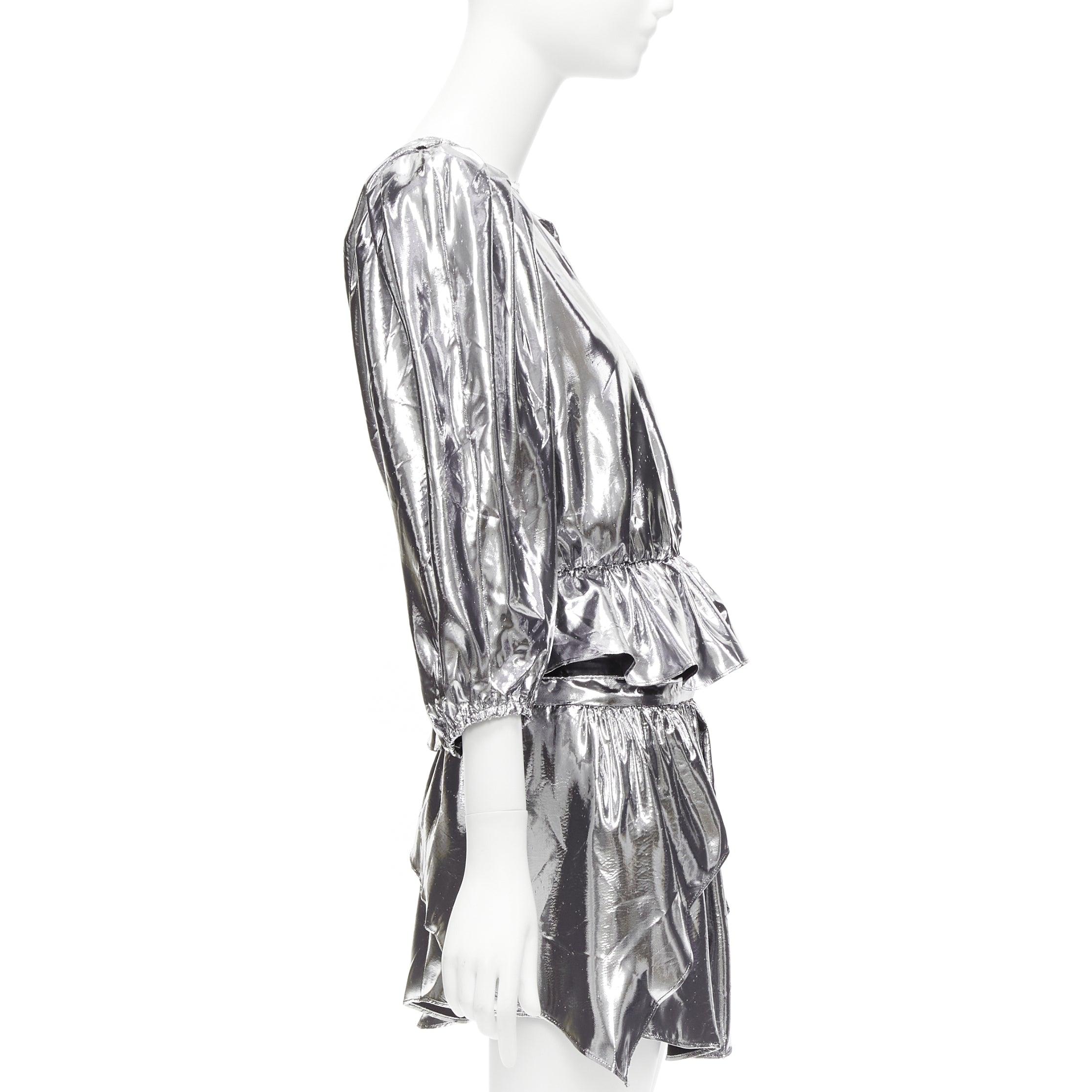 Women's ISABEL MARANT metallic silver silk blend puff sleeve top flare skirt FR34 XS For Sale