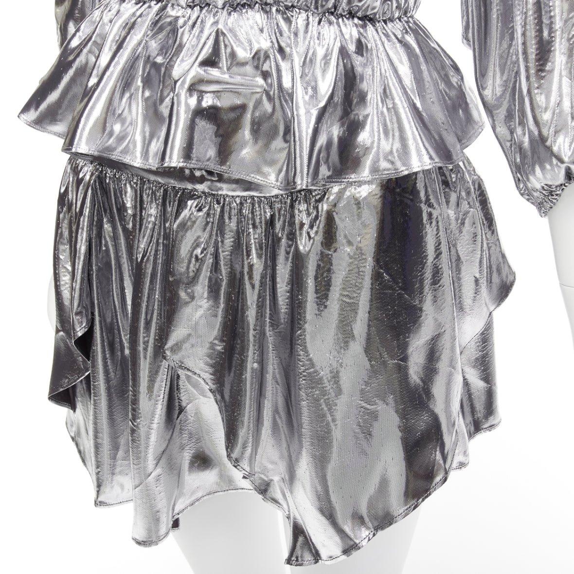 ISABEL MARANT metallic silver silk blend puff sleeve top flare skirt FR34 XS For Sale 3