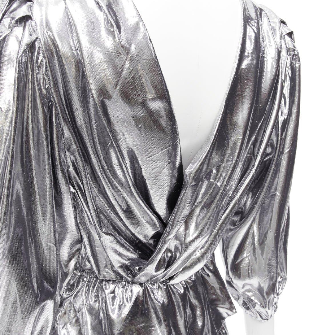 ISABEL MARANT metallic silver silk blend puff sleeve top flare skirt FR34 XS For Sale 4