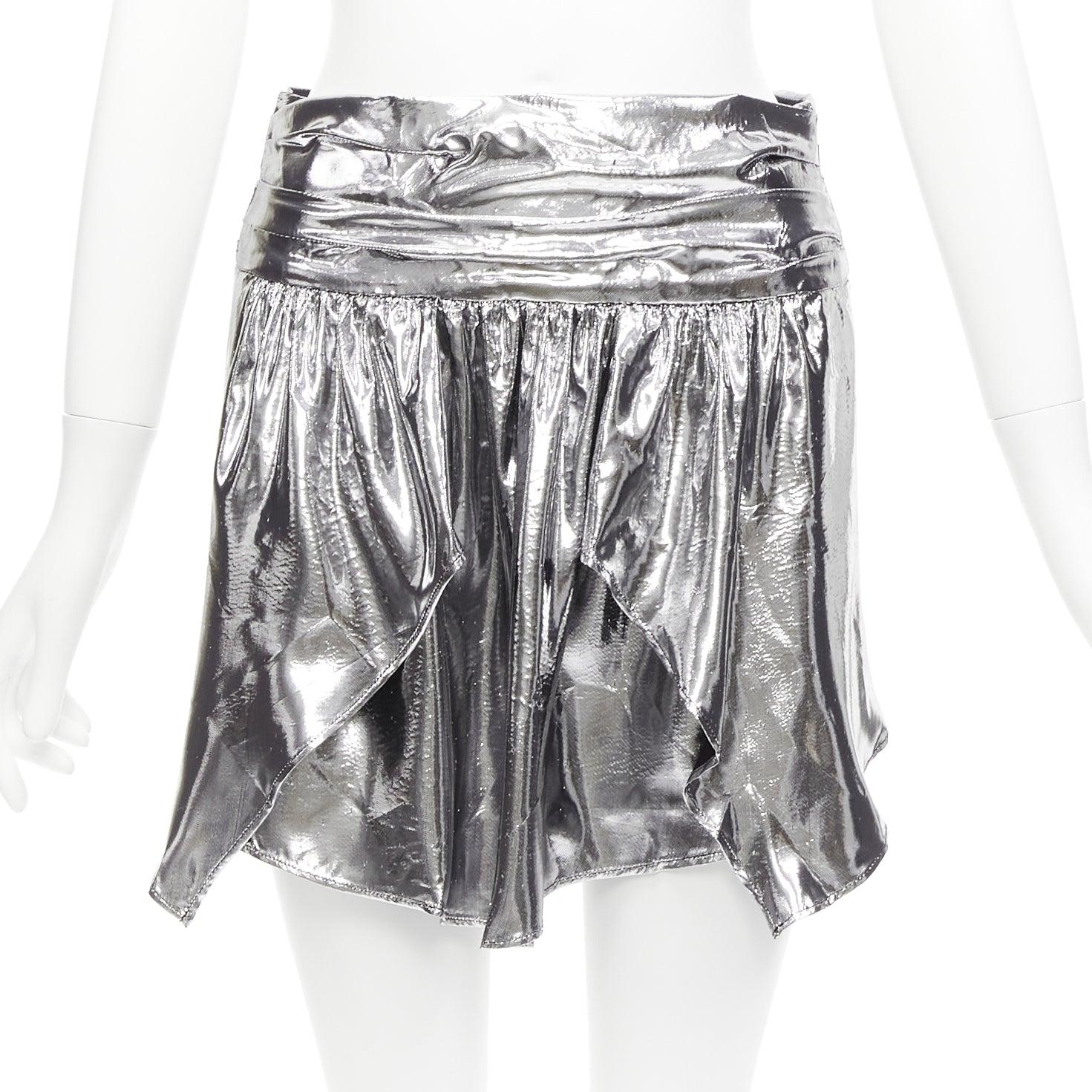 ISABEL MARANT metallic silver silk blend puff sleeve top flare skirt FR34 XS For Sale 6