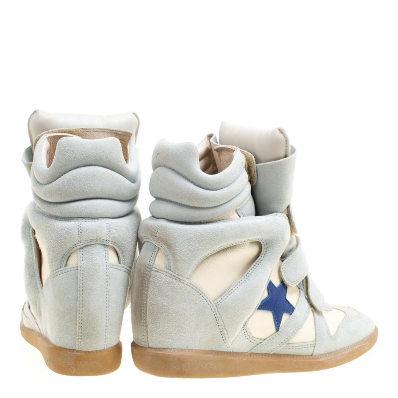 Isabel Marant Mint Blue/Beige Suede and Canvas Bekett Wedge Sneakers Size 40 In Good Condition In Dubai, Al Qouz 2