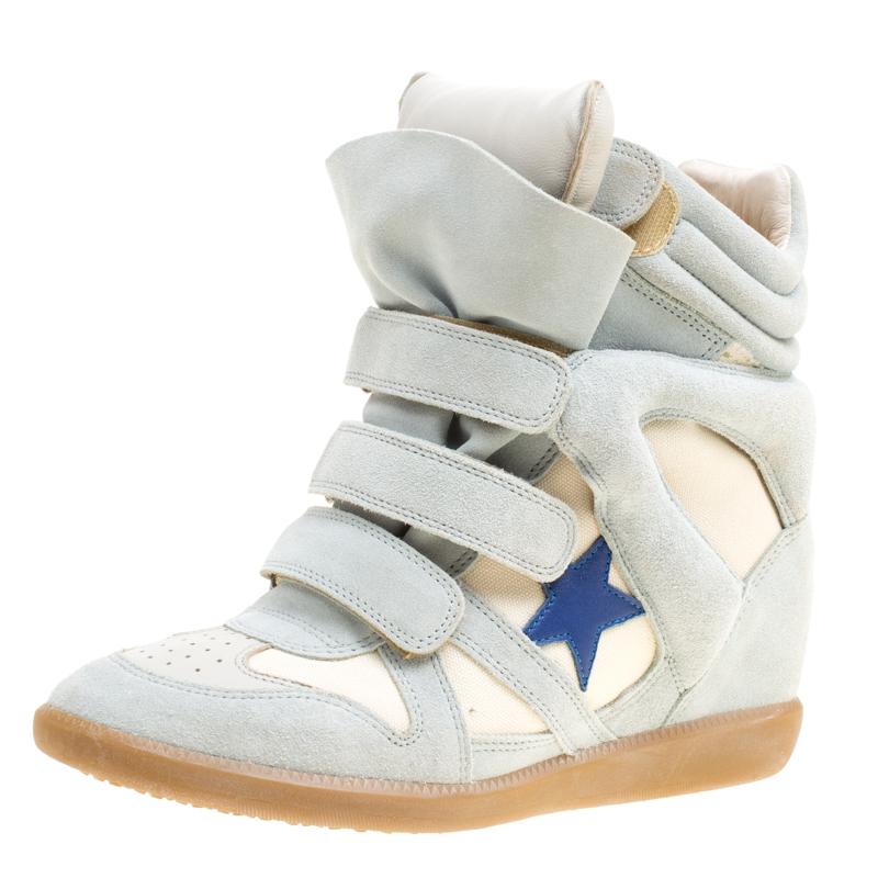 Isabel Marant Mint Blue/Beige Suede and Canvas Bekett Wedge Sneakers Size 40 3