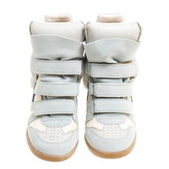 Used Isabel Marant Mint Blue/Beige Suede and Canvas Bekett Wedge Sneakers Size 40