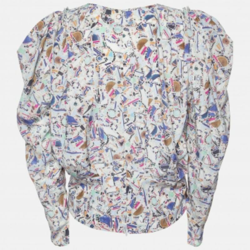 Gris Isabel Marant Multicolor Amba Print Stretch Silk Long Sleeve Blouse M en vente