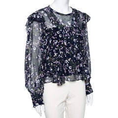 Isabel Marant Navy Blue Floral Printed Silk & Lurex Ruffle Trimmed Blouse S