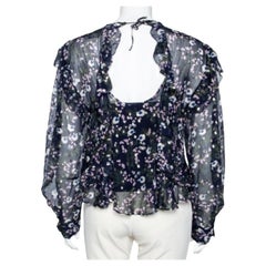 Isabel Marant Navy Blue Floral Printed Silk & Lurex Ruffle Trimmed Blouse S