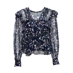 Isabel Marant Navy Blue Floral Printed Silk 
Lurex Ruffle Trimmed Blouse S