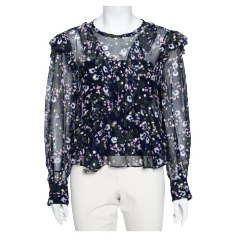 Isabel Marant - Camicetta blu navy con stampa floreale in seta e lurex con bordi arricciati S