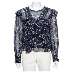 Isabel Marant - Camicetta blu navy con stampa floreale in seta e lurex con bordi arricciati S
