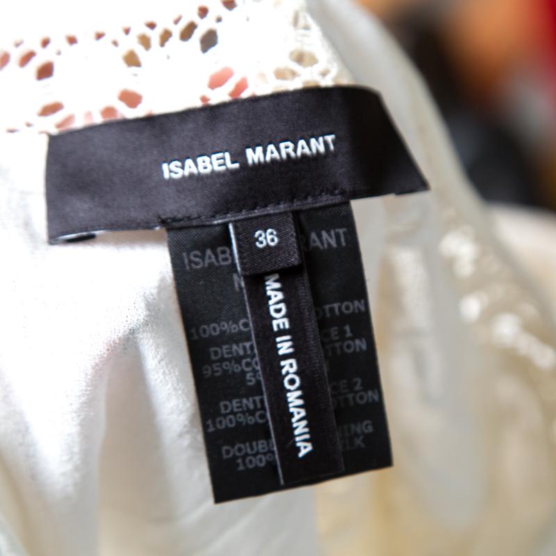 Isabel Marant Off White Cotton Smocked Waist Yoke Lace Peasant Dress S In Excellent Condition In Dubai, Al Qouz 2