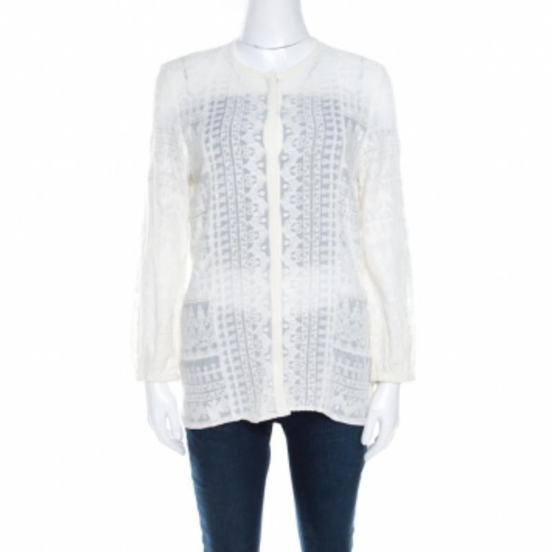 Donna Isabel Marant Camicia a maniche lunghe in voile ricamato bianco sporco M. in vendita