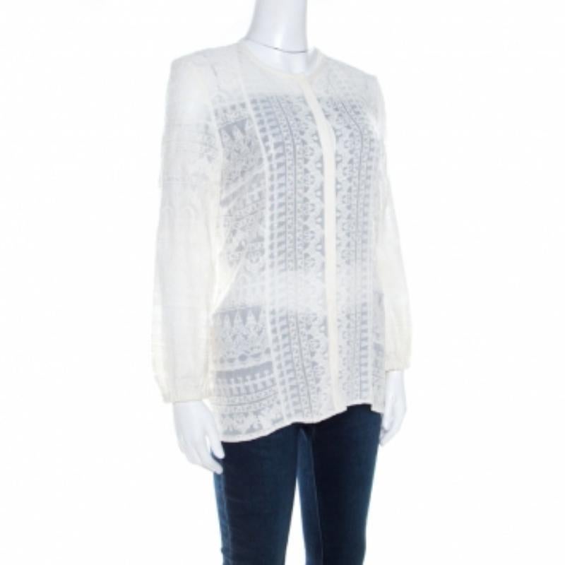 Isabel Marant Camicia a maniche lunghe in voile ricamato bianco sporco M. in vendita 1