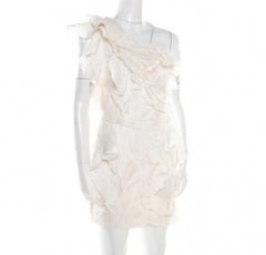 Isabel Marant Off White Floral Pattern Silk Ruffled Tiered One Shoulder Dress S