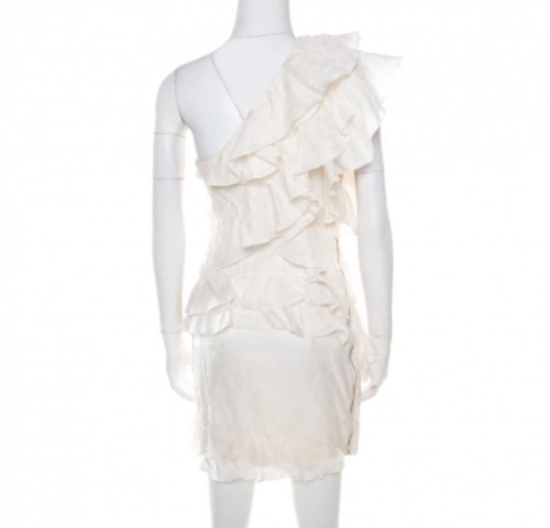 Isabel Marant Weißes Kleid mit Blumenmuster aus Seide und Rüschen mit einer Schulterpartie S (Grau) im Angebot
