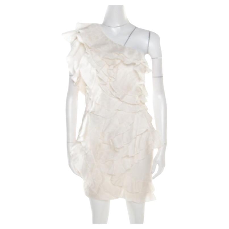 Isabel Marant Weißes Kleid mit Blumenmuster aus Seide und Rüschen mit einer Schulterpartie S im Angebot