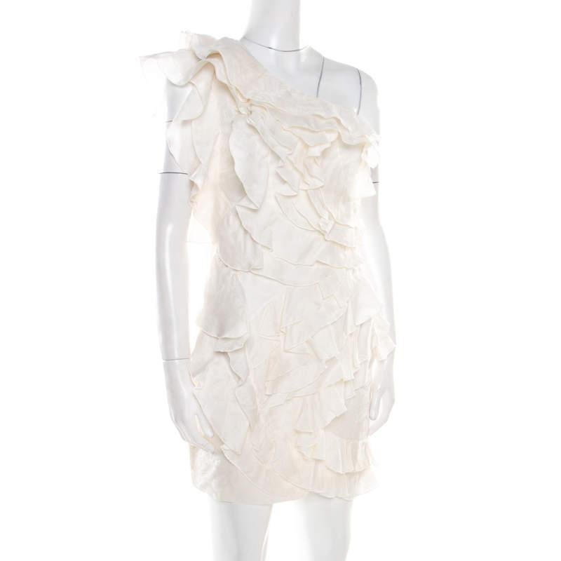Women's Isabel Marant Off White Floral Patterned Silk Ruffled Tiered One Shoulder Dress  For Sale