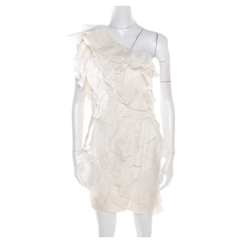 Isabel Marant Off White Floral Patterned Silk Ruffled Tiered One Shoulder Dress  For Sale