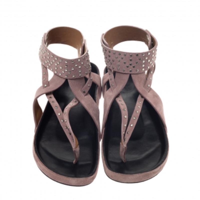 Marron Isabel Marant Sandales plates cloutées Ellan en cuir et daim rose taille 41 en vente