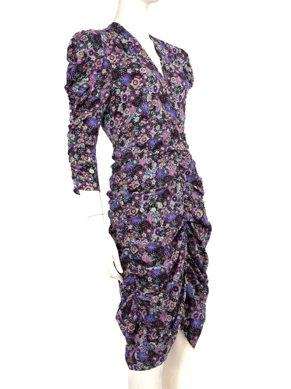 CONDITION is Very good. Hardly any visible wear to the dress is evident on this used Isabel Marant designer resale item.
 
 Details
 
 
 Model: Celina
 
 Purple
 
 Silk
 
 Dress
 
 Midi
 
 Long sleeves
 
 Ruched detail
 
 Abstract print
 
 V neck
 
