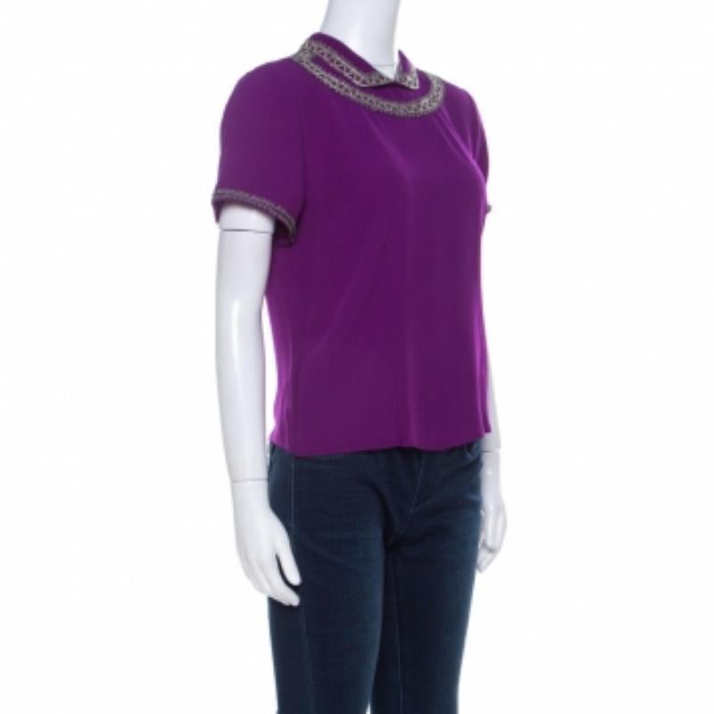Isabel Marant Top de seda morado con cuello adornado y media manga L en venta 1