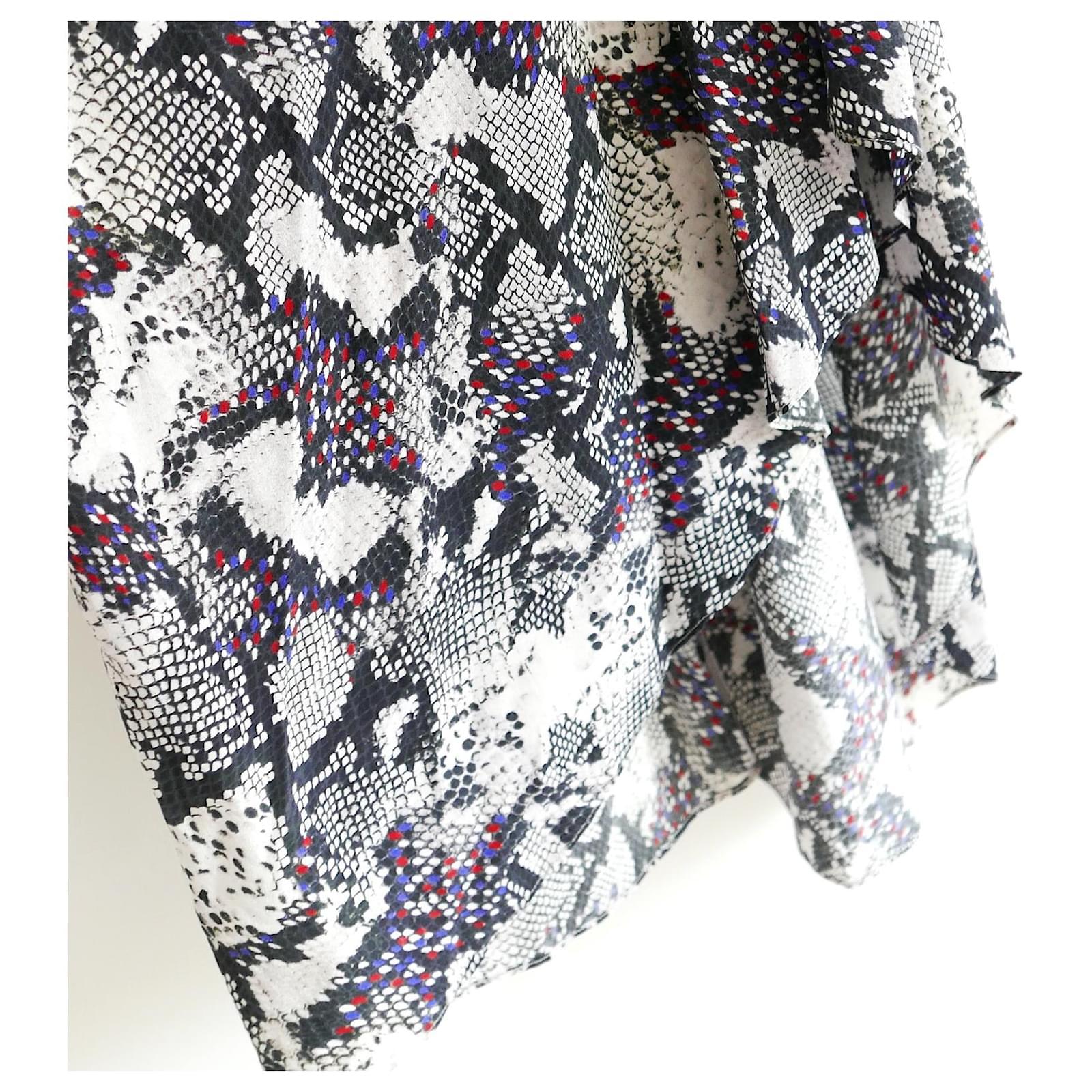 Signature Isabel Marant Albini dress - bought for £1100 and worn once. Made from soft black and chalk snakeskin print silk with splashes of navy blue and red throughout. It has a super flattering cut with soft fit over the bust, ruched front, v neck