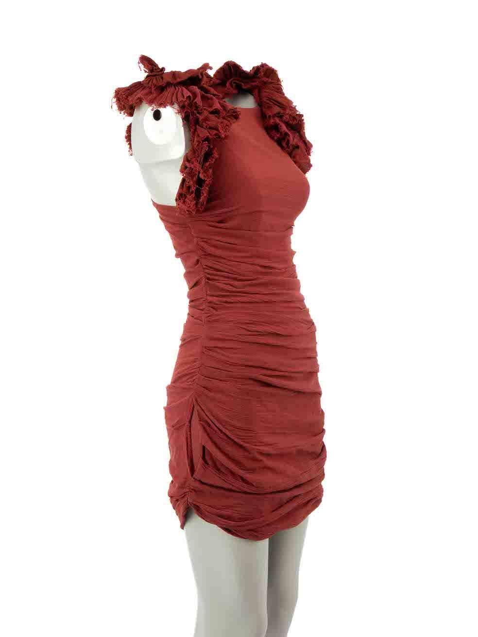 CONDITION is Good. Minor¬† wear to dress is evident. Side seam has come unstitched on this used Isabel Marant designer resale item. Please note that the ruffles are deliberately frayed. 
 
Details
Burnt red
Linen
Mini dress
Ruched accent
Square