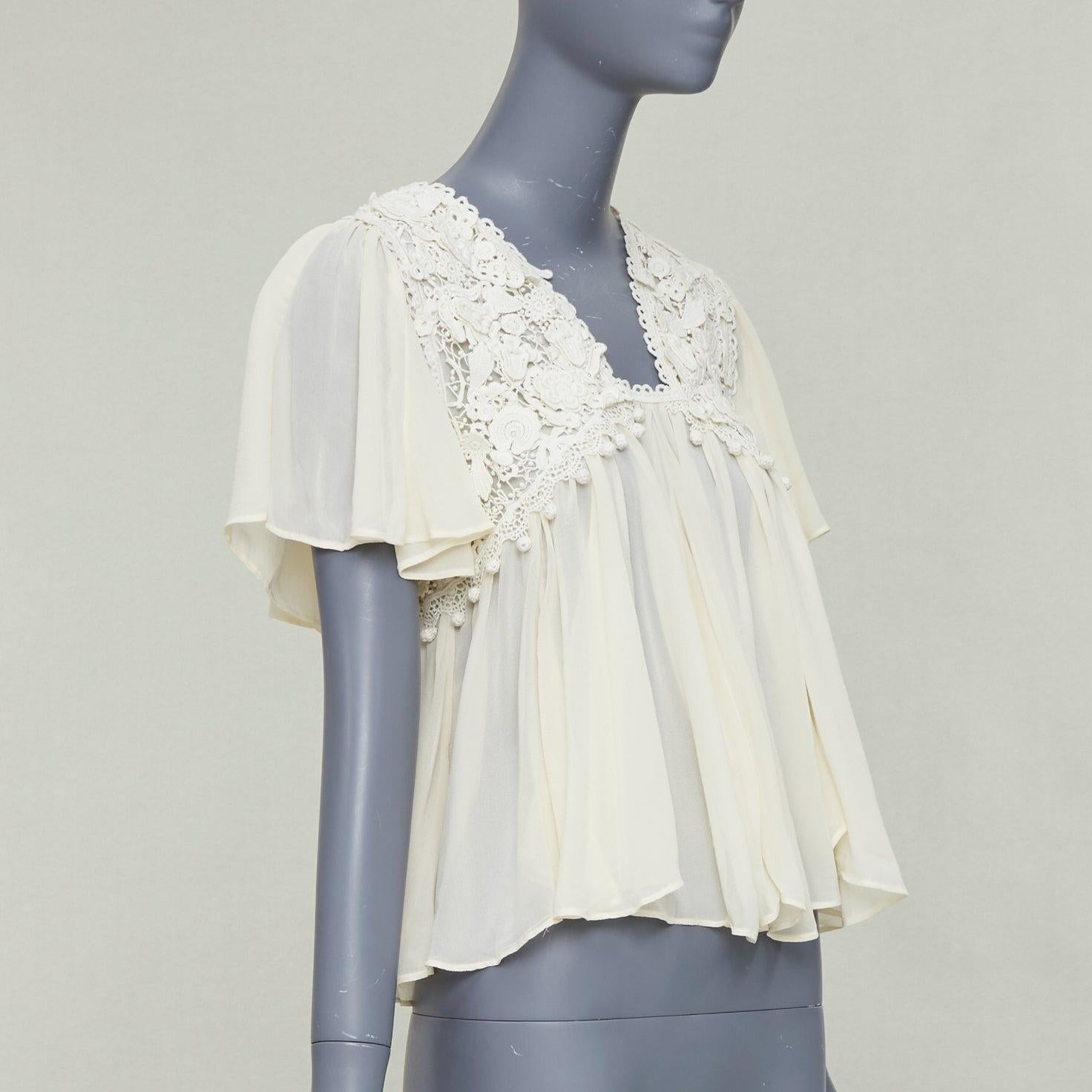 Grigio ISABEL MARANT Rita, camicetta boho in cotone e seta color crema con applicazioni in pizzo 3D FR36 S in vendita
