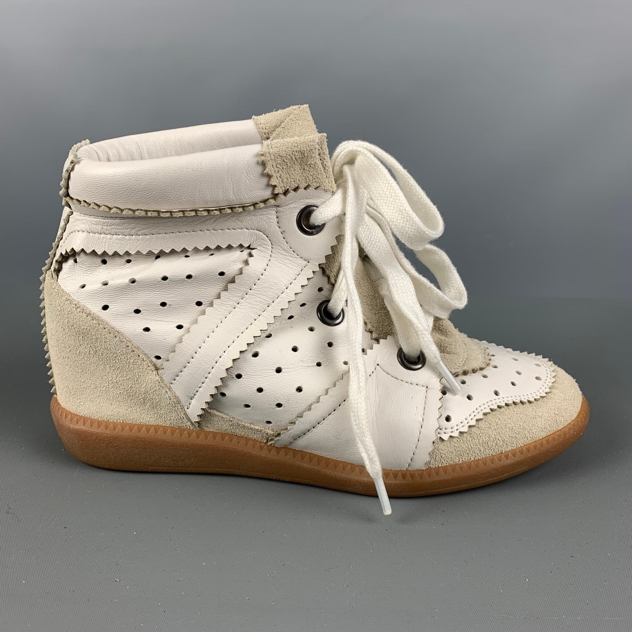 ISABEL MARANT Size 7 White Leather Perforated Wedge Sneakers In Good Condition In San Francisco, CA