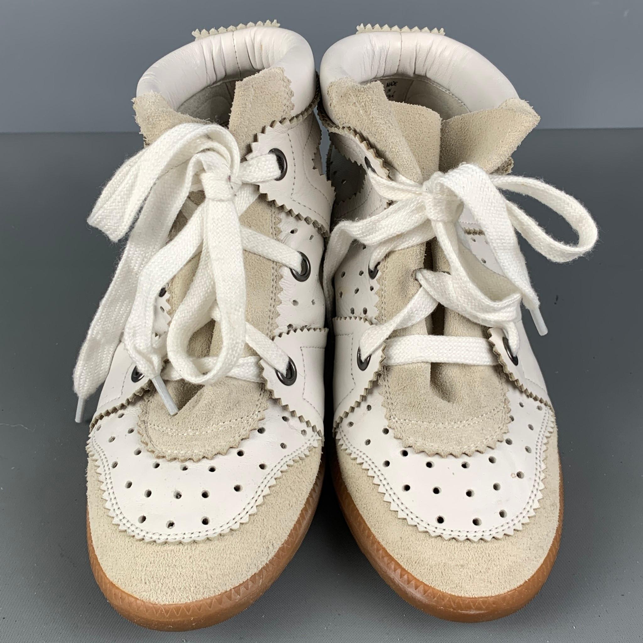 ISABEL MARANT Size 7 White Leather Perforated Wedge Sneakers 1