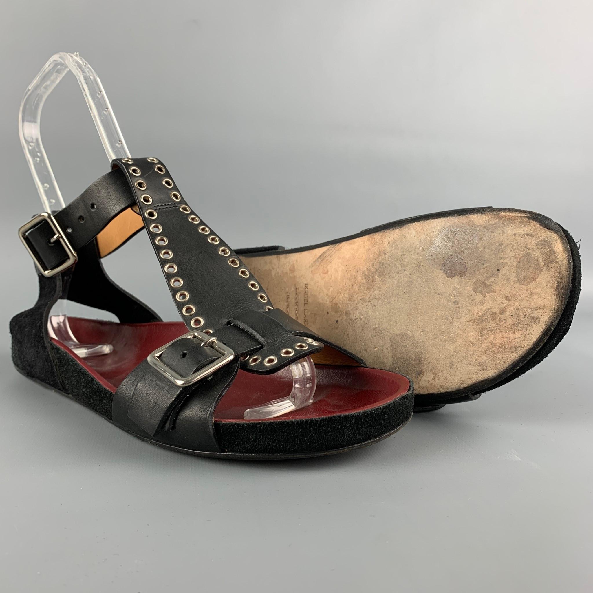 ISABEL MARANT Size 8 Black & Silver Leather Suede T-strap Flats In Good Condition In San Francisco, CA