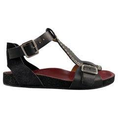 ISABEL MARANT Talla 8 Flats T-strap de ante en cuero negro y plateado