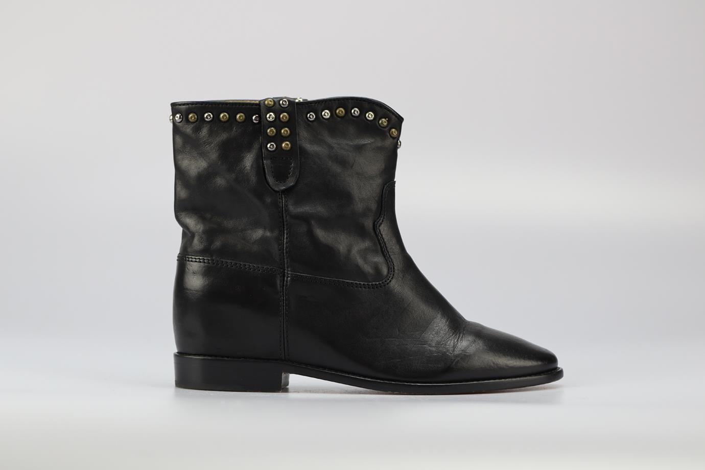 Isabel Marant Studded Leather Wedge Ankle Boots. Black. Pull on. Does not come with - dustbag or box. EU 41 (UK 8, US 11). Insole: 10.5 in. Heel height: 3.5 in. Shaft: 4.4 in. Condition: Used. Very good condition - Light wear to soles and upper