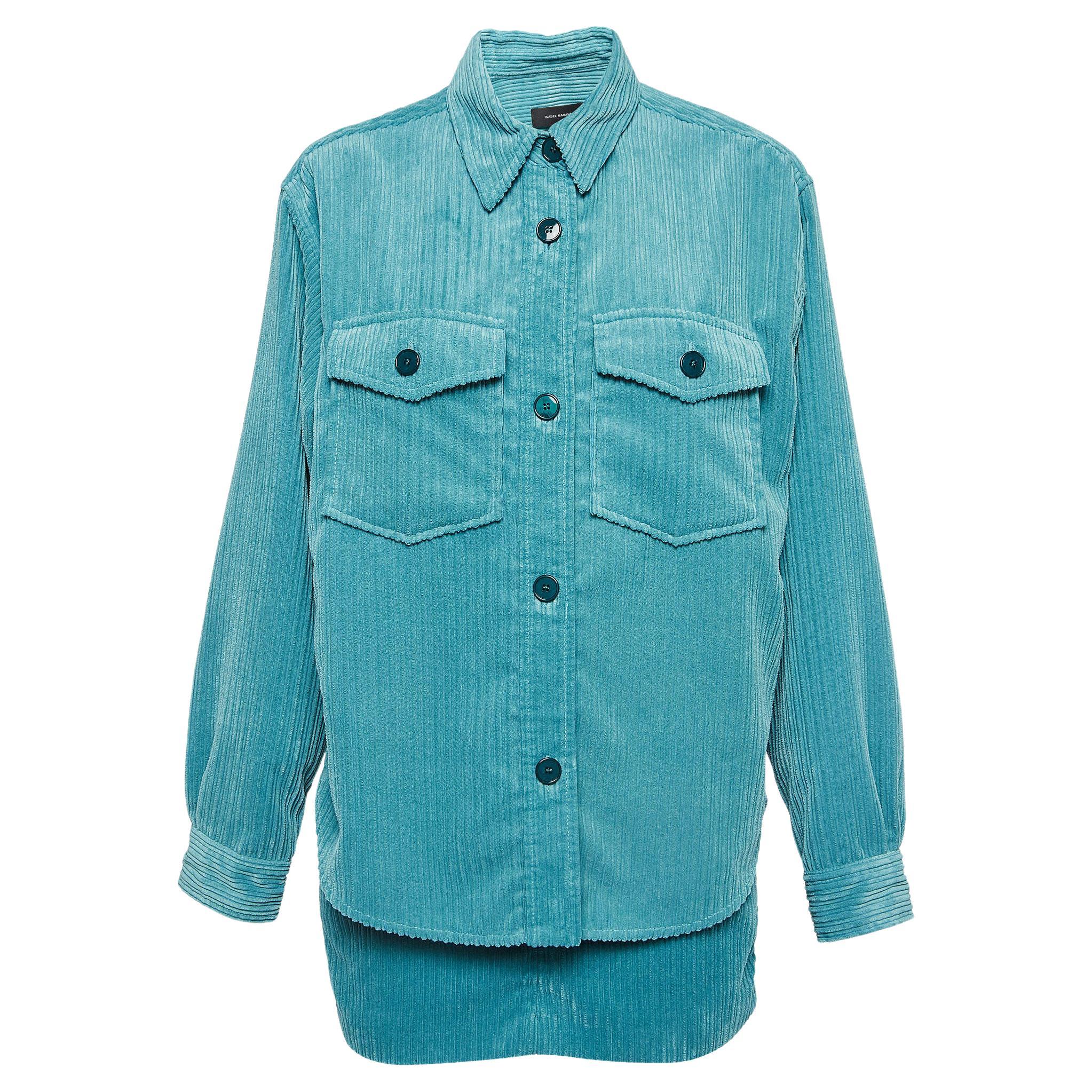 Isabel Marant Teal Blue Corduroy Madiana Jacket and Melva Skirt Set S/M For Sale