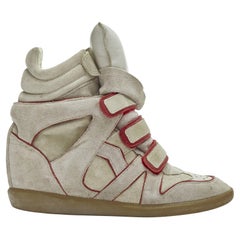 Used ISABEL MARANT Tonys beige suede red piped magic tape wedged heels sneakers EU40